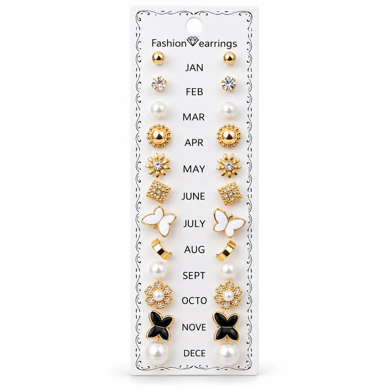 12 Pairs Monthly Fashion Earrings Set for Women and Girls | Pearl, Floral & Butterfly Design Stud Earrings