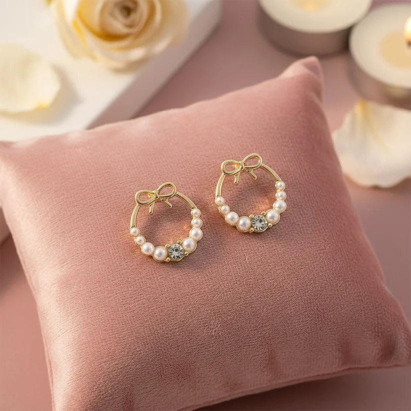 Bow Pearl Hoop Earrings – Gold Plated Korean Style Jewellery
