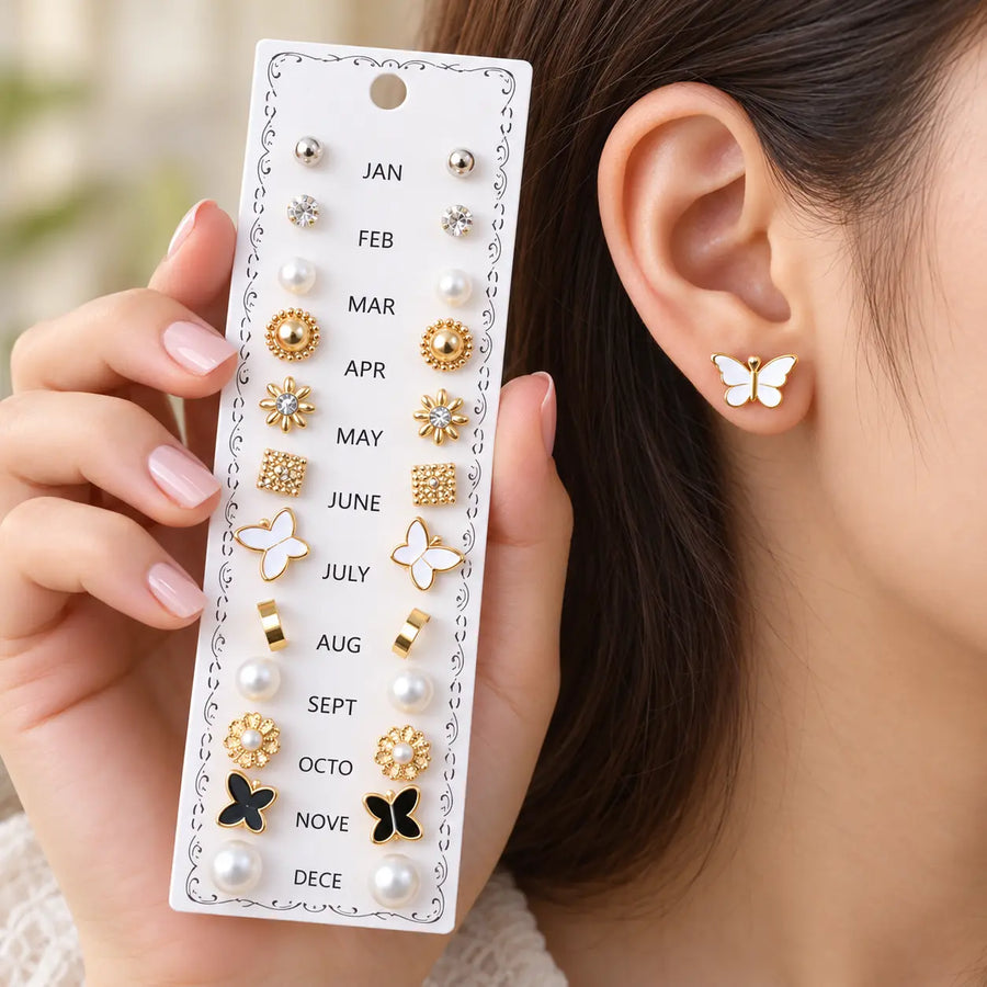 12 Pairs Monthly Fashion Earrings Set for Women and Girls | Pearl, Floral & Butterfly Design Stud Earrings