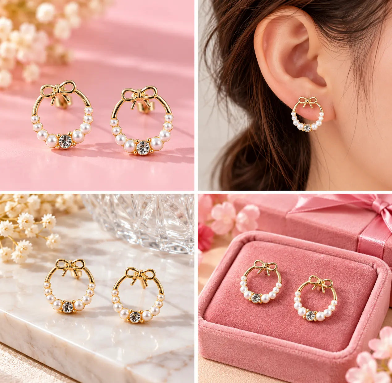 Bow Pearl Hoop Earrings – Gold Plated Korean Style Jewellery