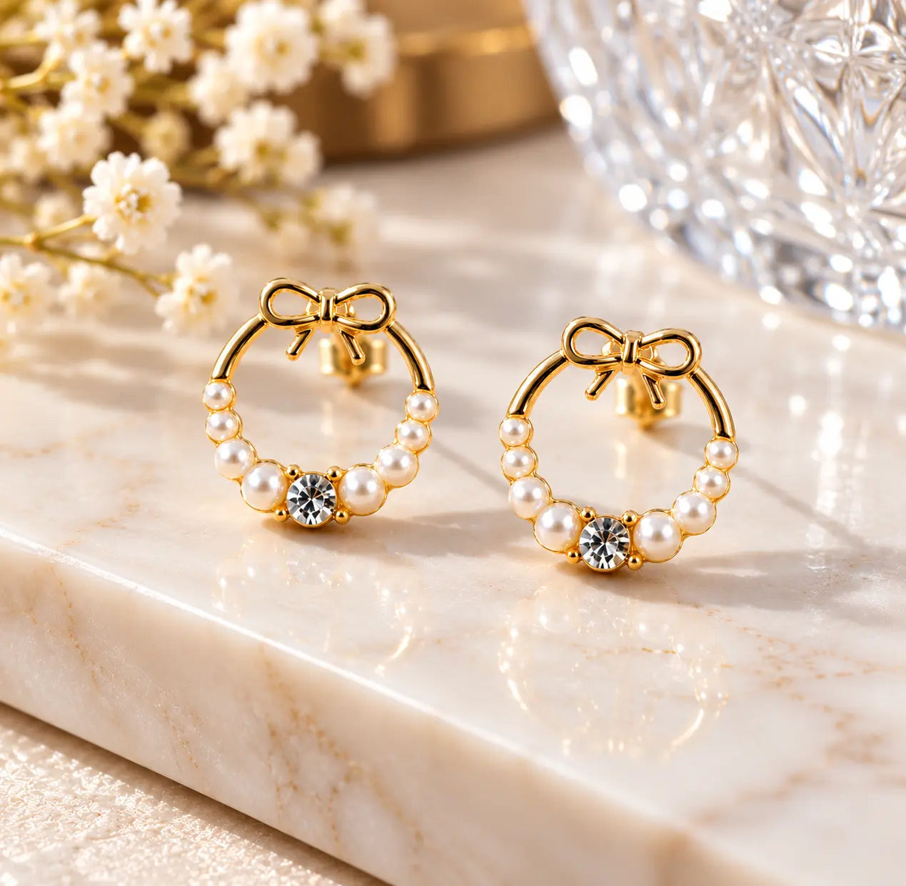 Bow Pearl Hoop Earrings – Gold Plated Korean Style Jewellery