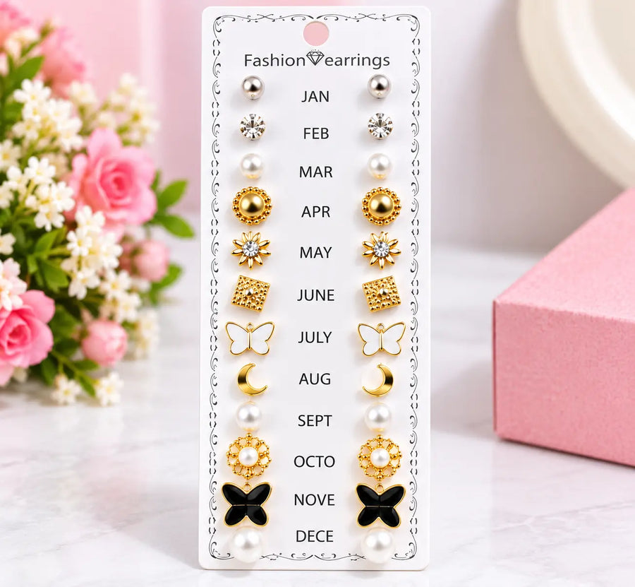12 Pairs Monthly Fashion Earrings Set for Women and Girls | Pearl, Floral & Butterfly Design Stud Earrings