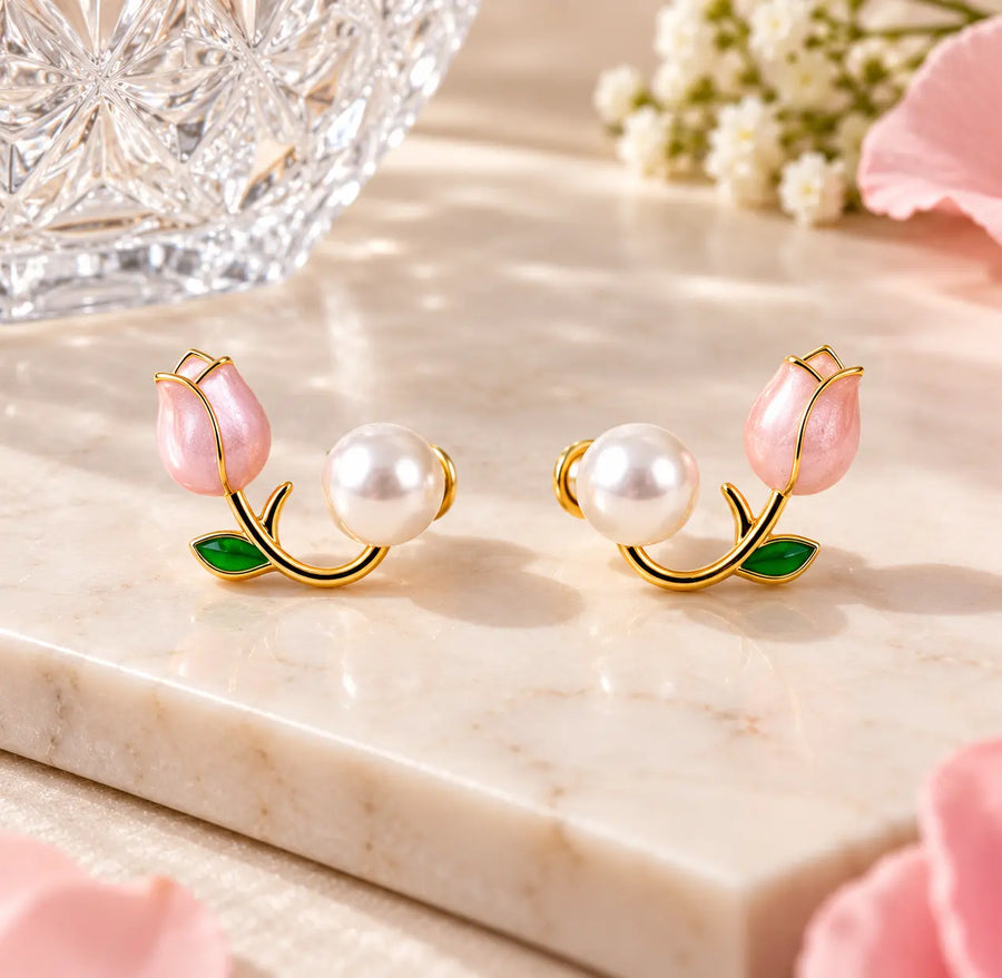 Pink Tulip Pearl Stud | Korean Style Earrings | Gold Tone Floral Earrings with Green Leaf Design