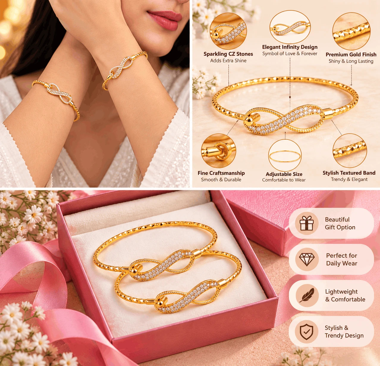 Gold Plated Infinity Design Stone Bracelet – Elegant Fashion Bracelet Pair