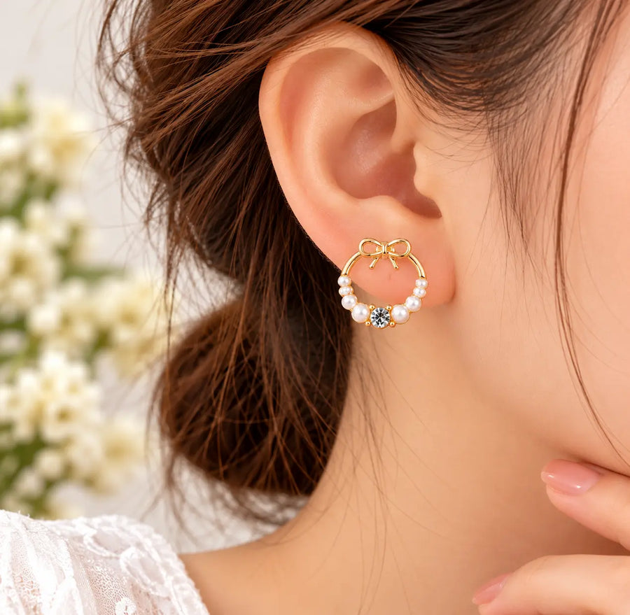 Bow Pearl Hoop Earrings – Gold Plated Korean Style Jewellery