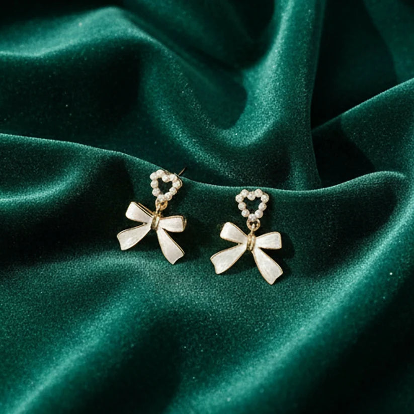 Women Stylish Pearl Heart White Bow Drop Earrings | Korean Fashion Jewellery for Girls & Women