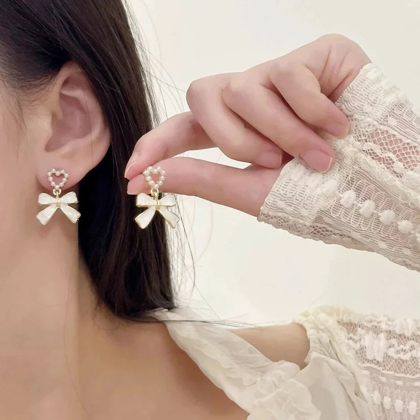 Women Stylish Pearl Heart White Bow Drop Earrings | Korean Fashion Jewellery for Girls & Women