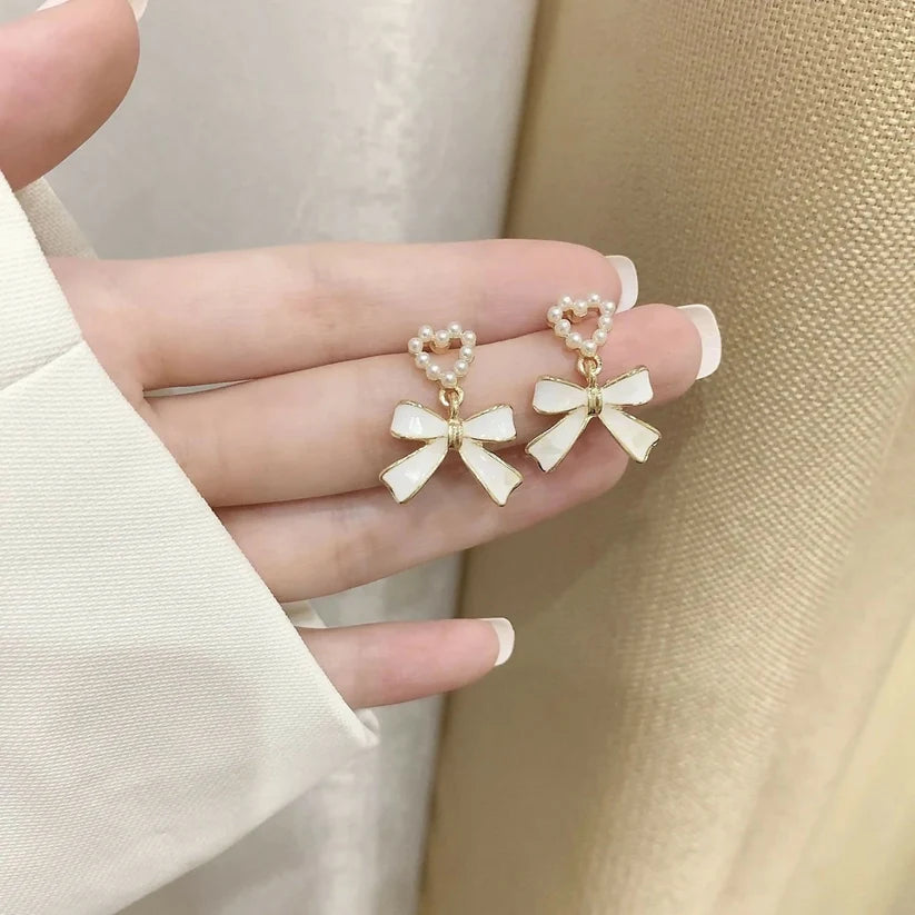 Women Stylish Pearl Heart White Bow Drop Earrings | Korean Fashion Jewellery for Girls & Women