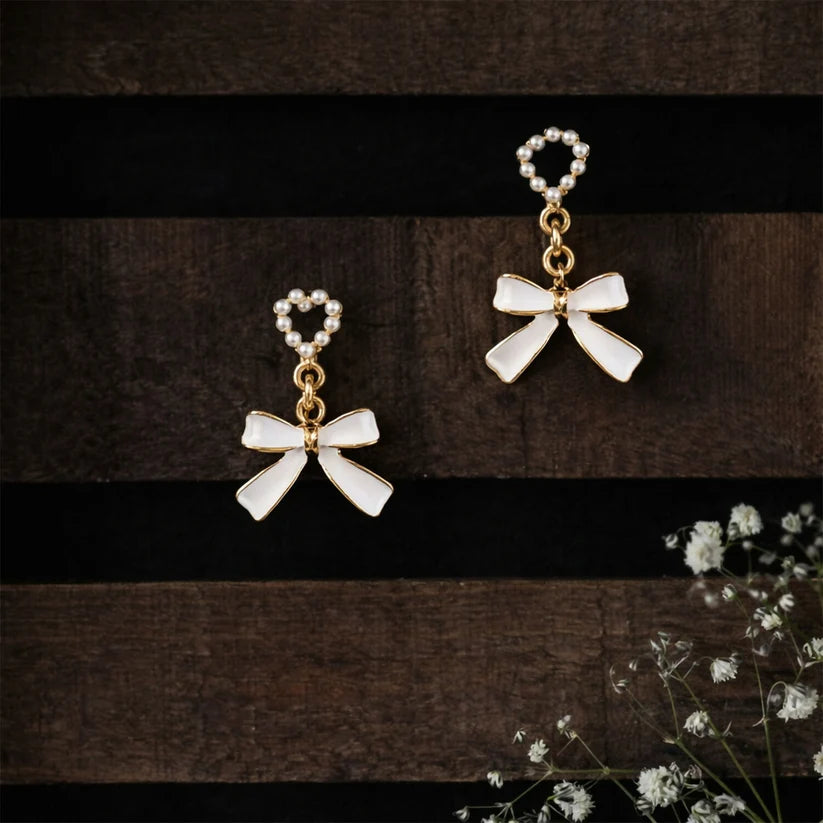 Women Stylish Pearl Heart White Bow Drop Earrings | Korean Fashion Jewellery for Girls & Women