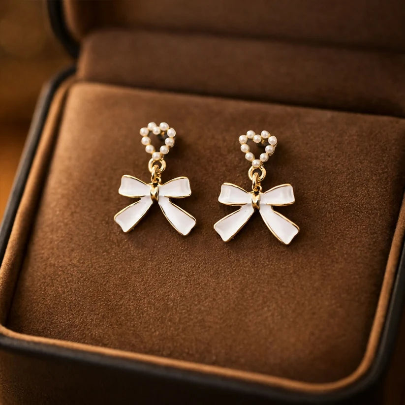 Women Stylish Pearl Heart White Bow Drop Earrings | Korean Fashion Jewellery for Girls & Women
