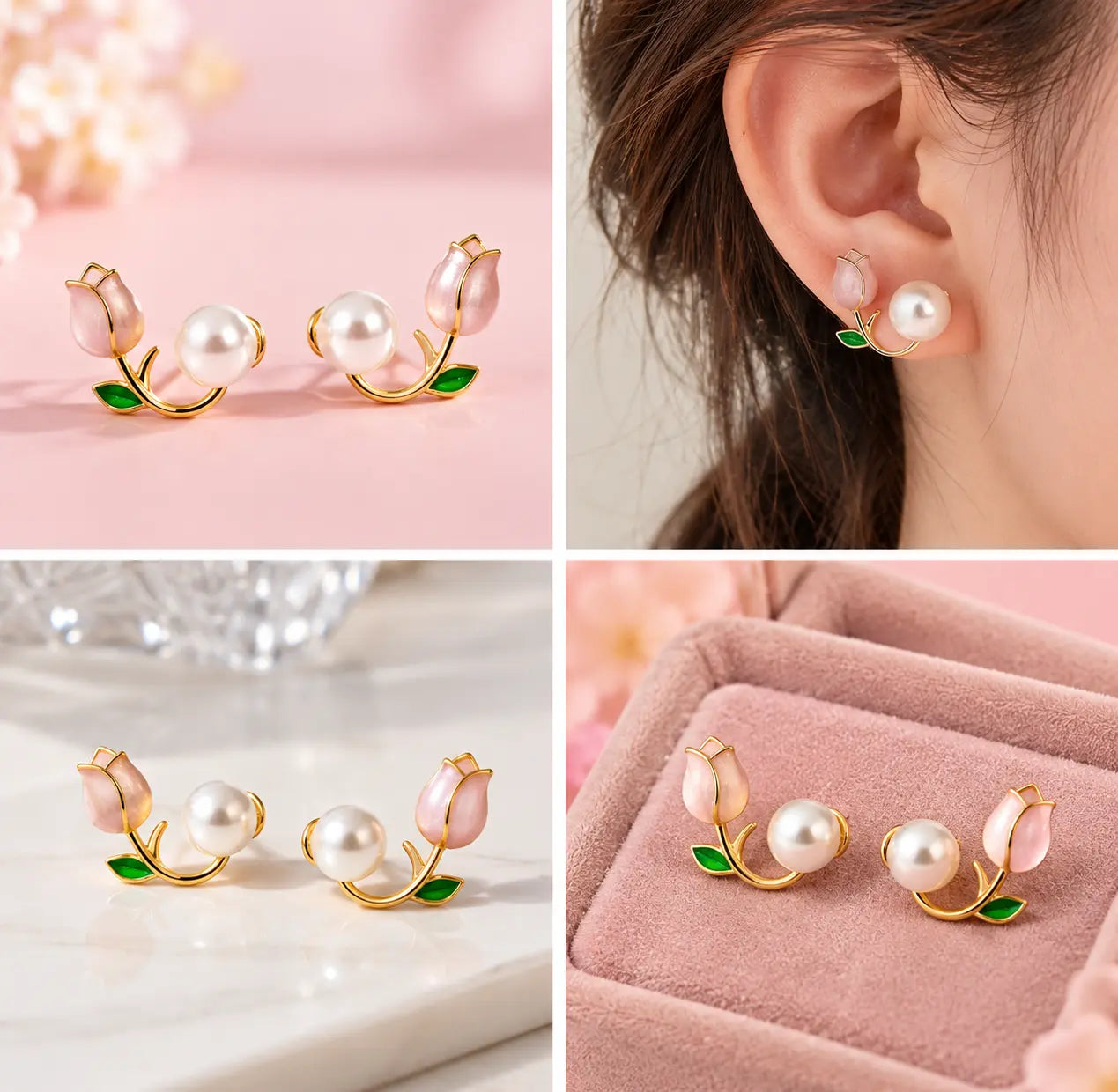 Pink Tulip Pearl Stud | Korean Style Earrings | Gold Tone Floral Earrings with Green Leaf Design