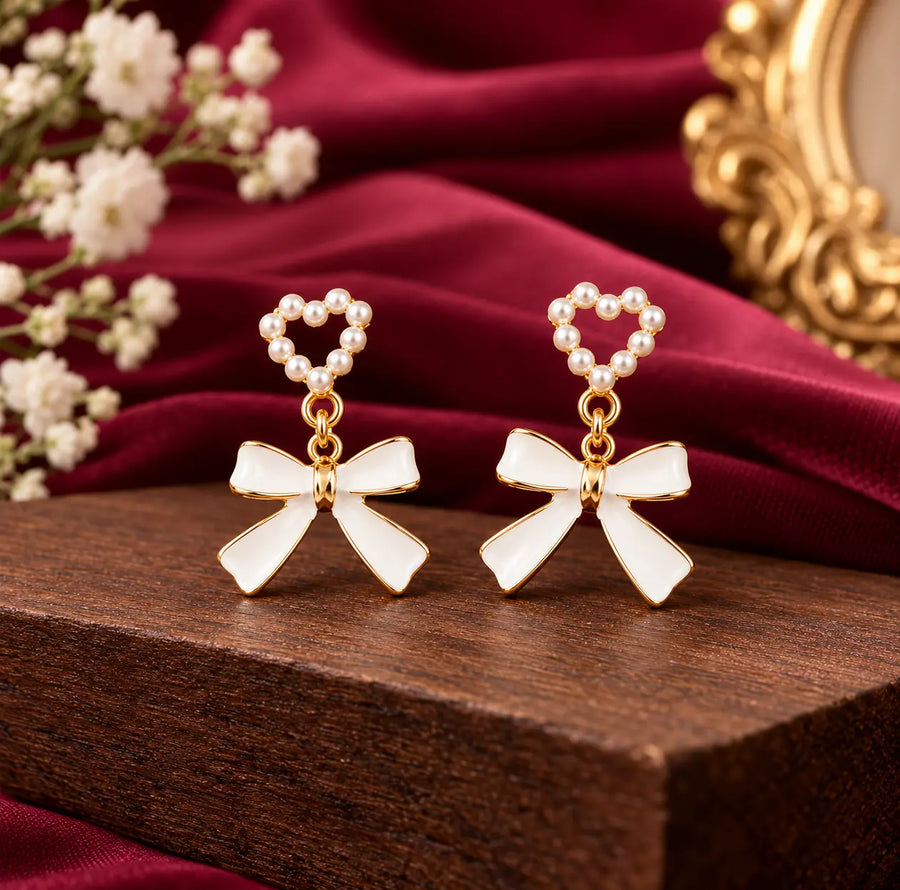 Women Stylish Pearl Heart White Bow Drop Earrings | Korean Fashion Jewellery for Girls & Women