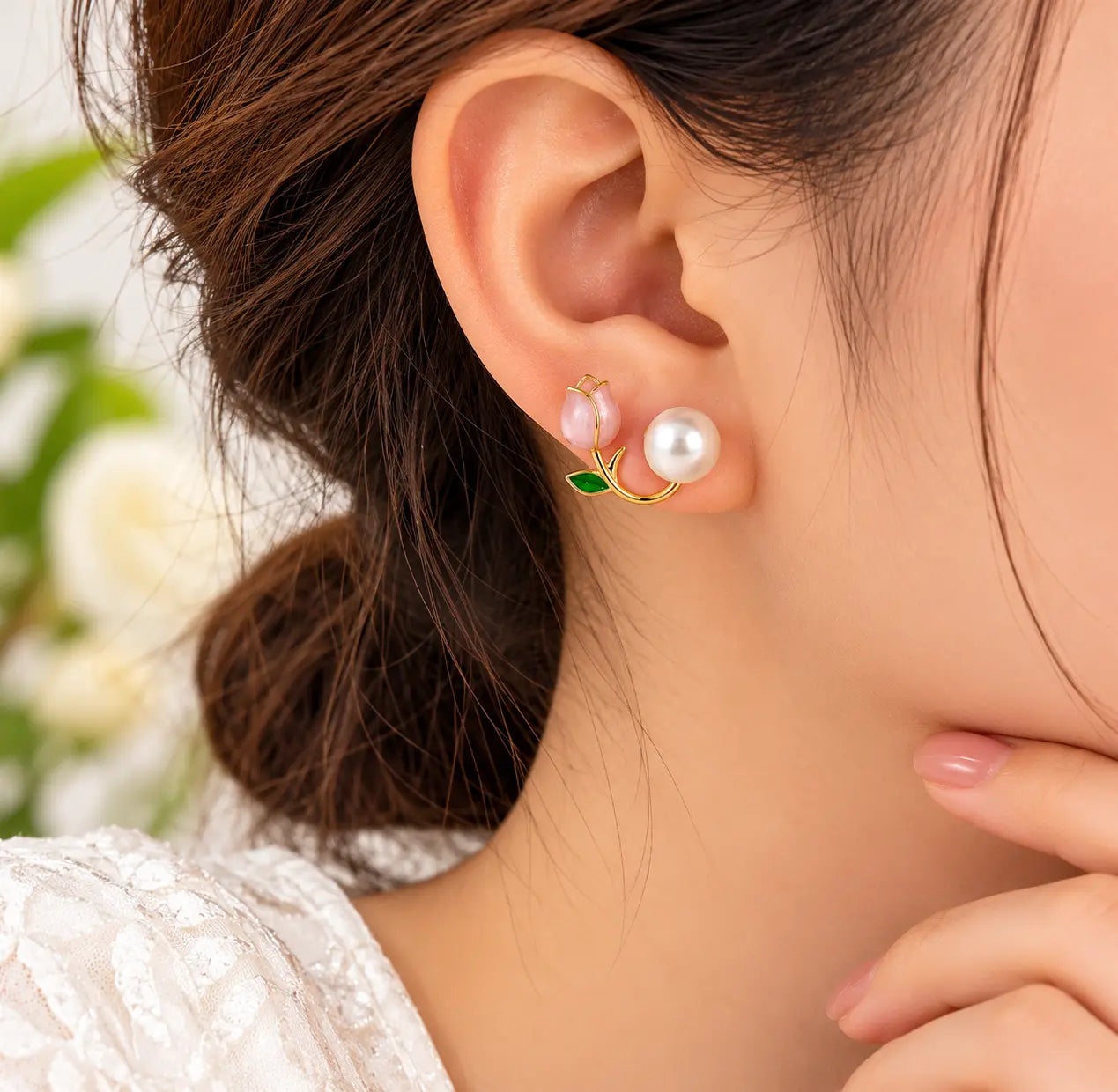 Pink Tulip Pearl Stud | Korean Style Earrings | Gold Tone Floral Earrings with Green Leaf Design