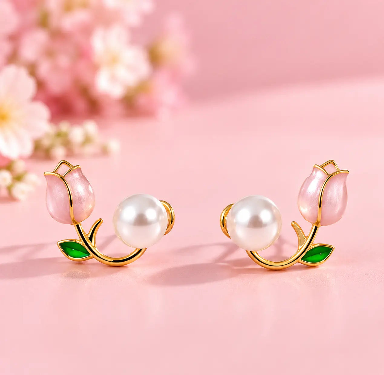 Pink Tulip Pearl Stud | Korean Style Earrings | Gold Tone Floral Earrings with Green Leaf Design