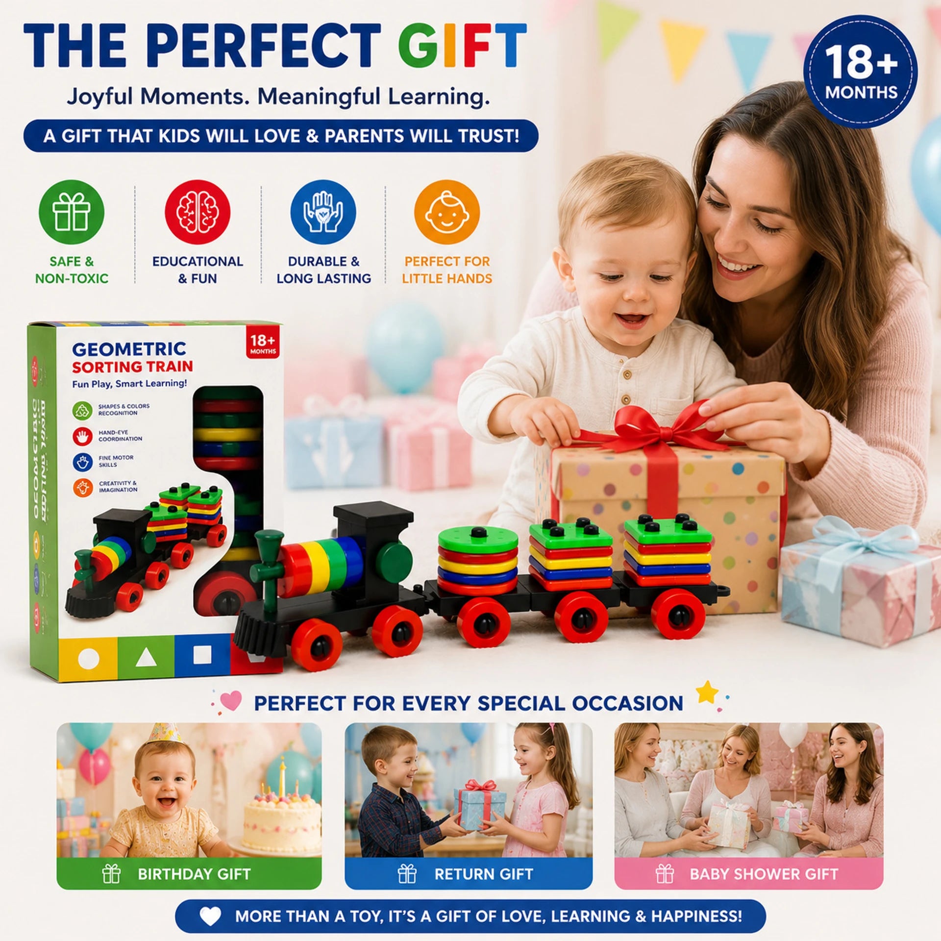 Plastic Train Toddler Toys, 4 Shape Sorter and Stacking Educational