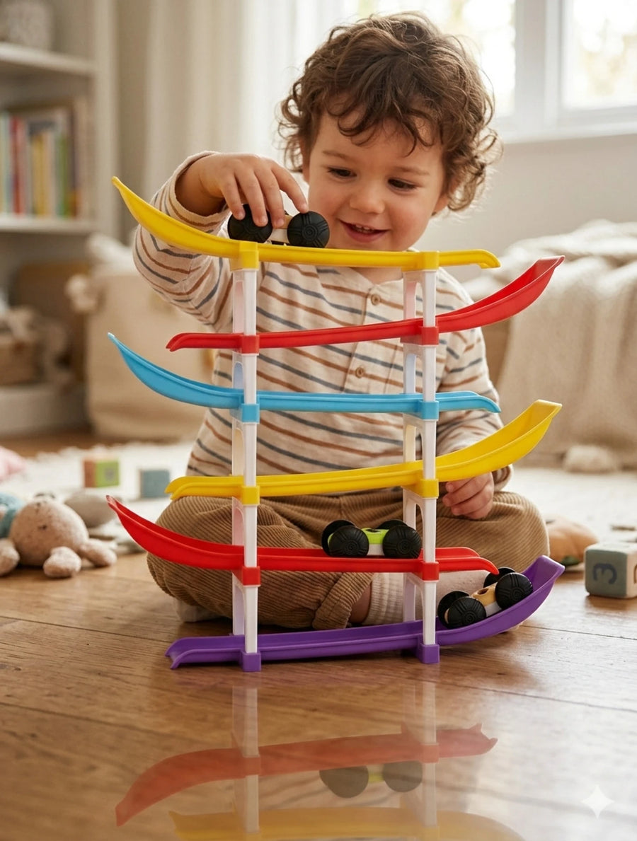 Racer Ramp Car Sliding Toy 6 ramps & 4 cars for Kids