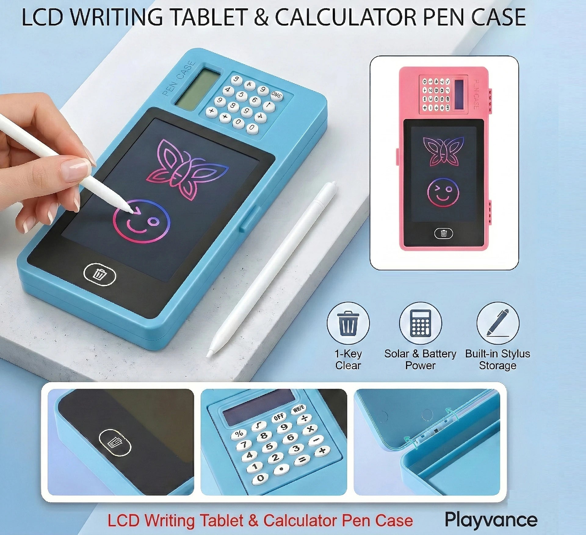 3-in-1 LCD Writing Tablet Pencil Case & Calculator Magic Slate Drawing Board